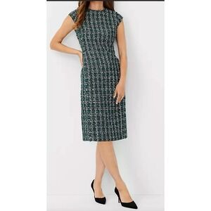 ANN TAYLOR GREEN BLACK PETITE PLAID SHIMMER TWEED CAP SLEEVE SHEATH DRESS 8 P